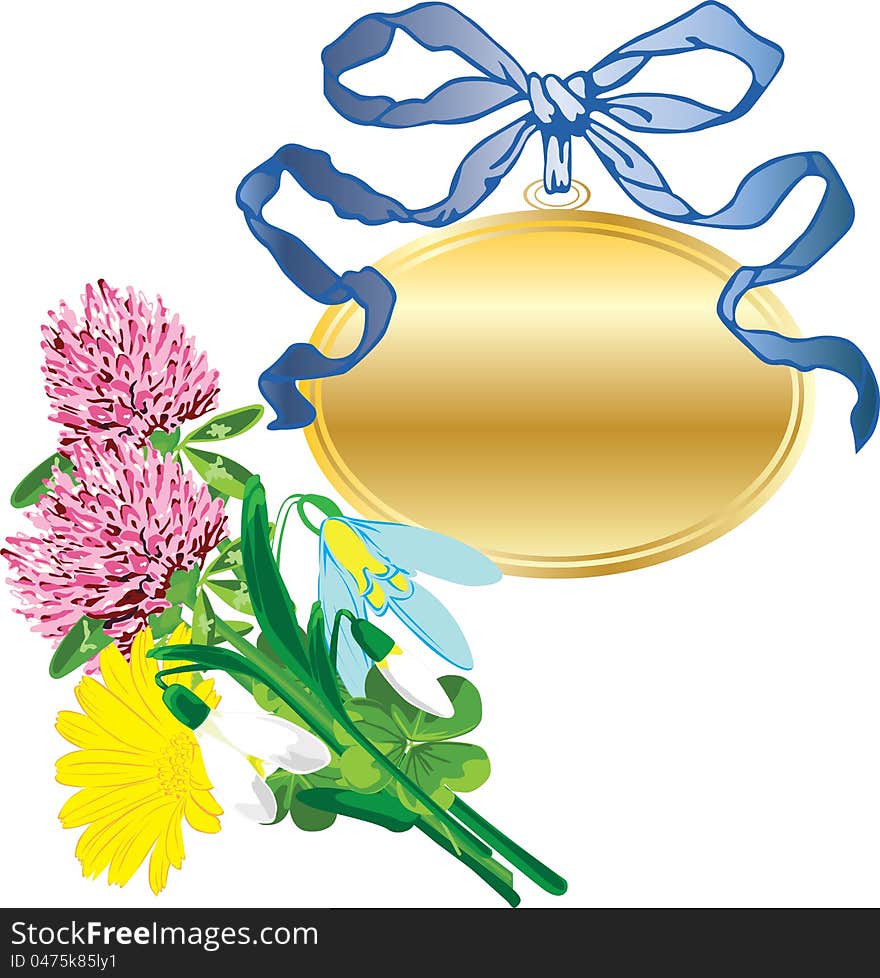 Banner as a pendant and a bouquet of flowers on a white background