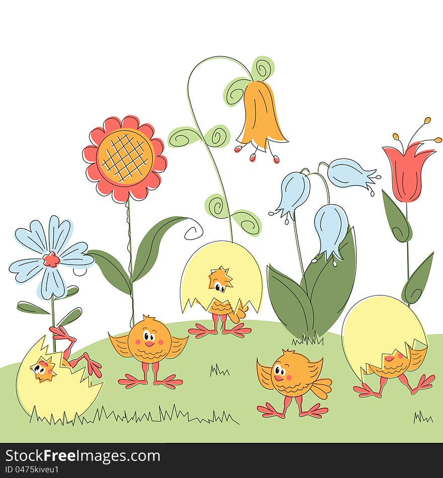 Easter Card with cartoon chicken and flowers