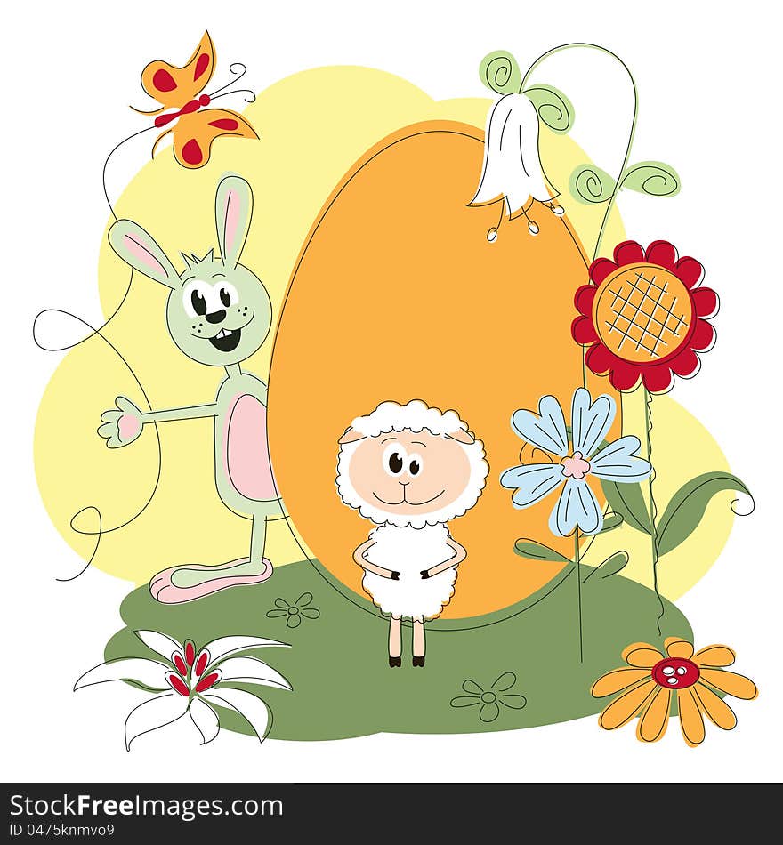 Easter greeting card with cheerful rabbit and lamb