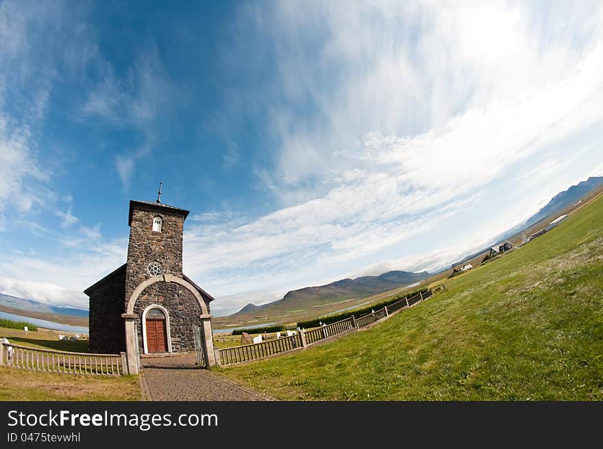 Stone church in the coutry (Tingeyri Church, Iceland)