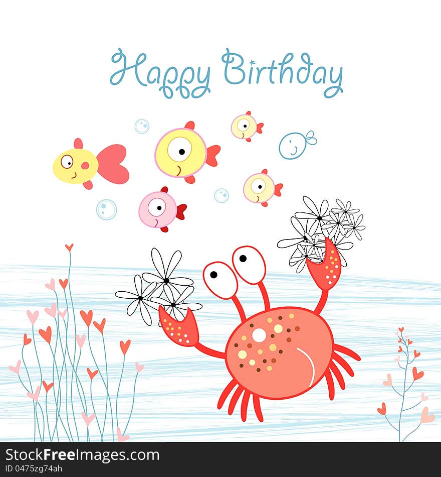 Greeting card with crab and fish