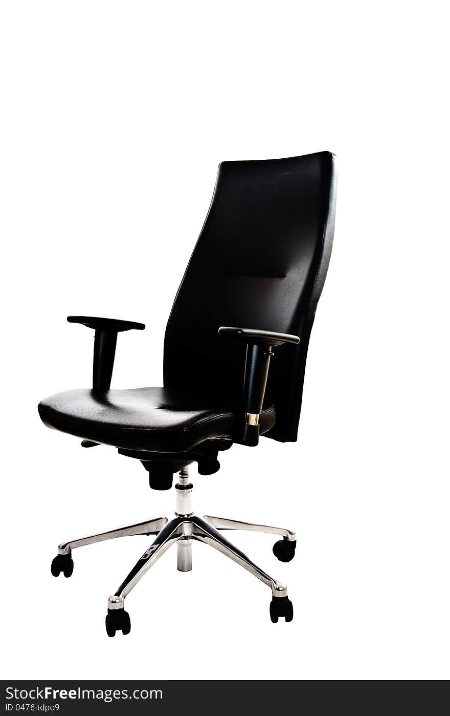 Black leather office armchair isolated on white background - angle view. Black leather office armchair isolated on white background - angle view