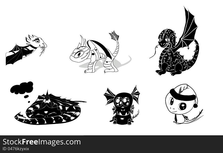 Vector set of 6 dragons silhouettes cute and cartoony. eps 8. Vector set of 6 dragons silhouettes cute and cartoony. eps 8