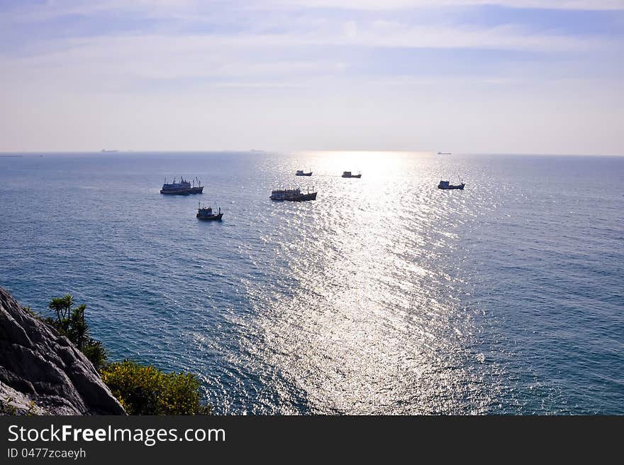 Seascape at koh srichang , many ship in the sea with blue sky. Seascape at koh srichang , many ship in the sea with blue sky