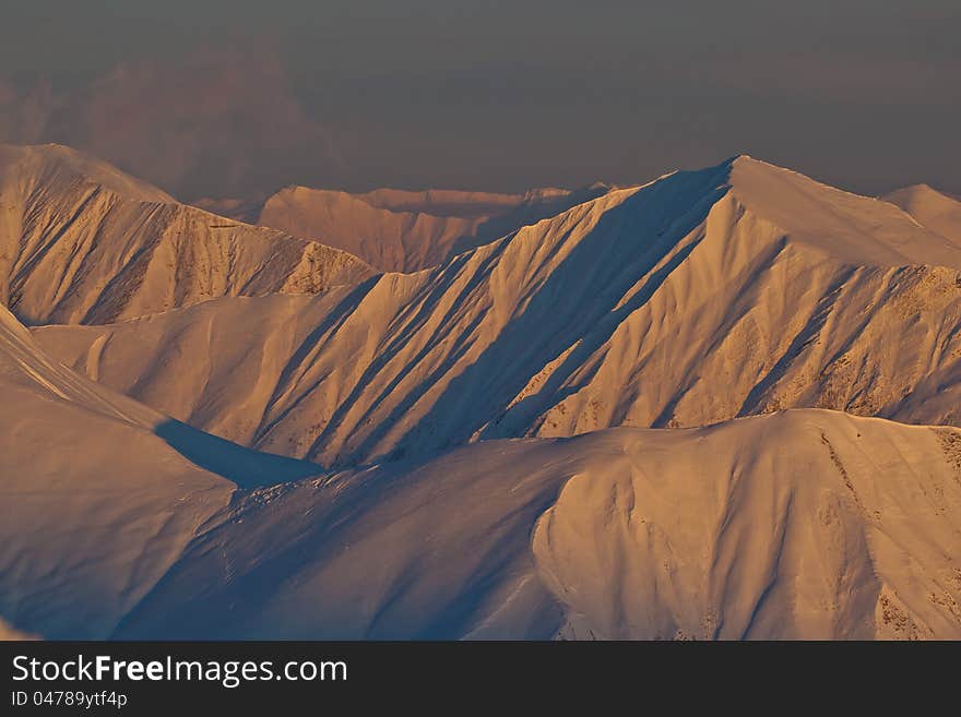 Mountains in the evening in winter