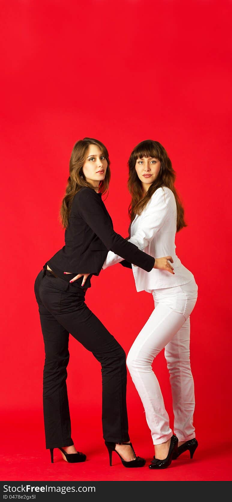 Pretty sisters twins in black and white costumes posing in studio