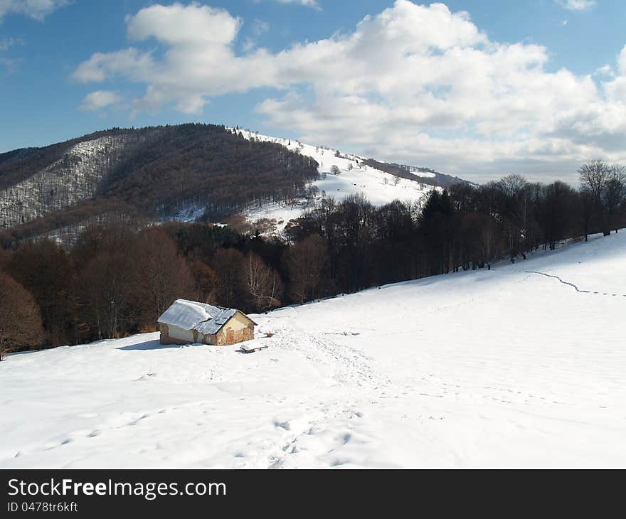 Winter landscape in Carpathians with chalet