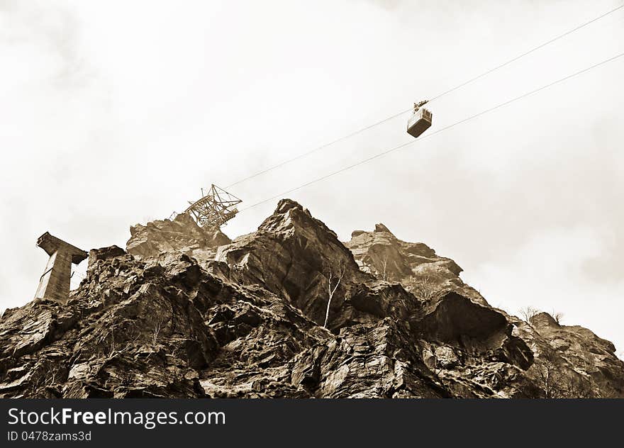 High mountain cable way . Old one and new . High mountain cable way . Old one and new .