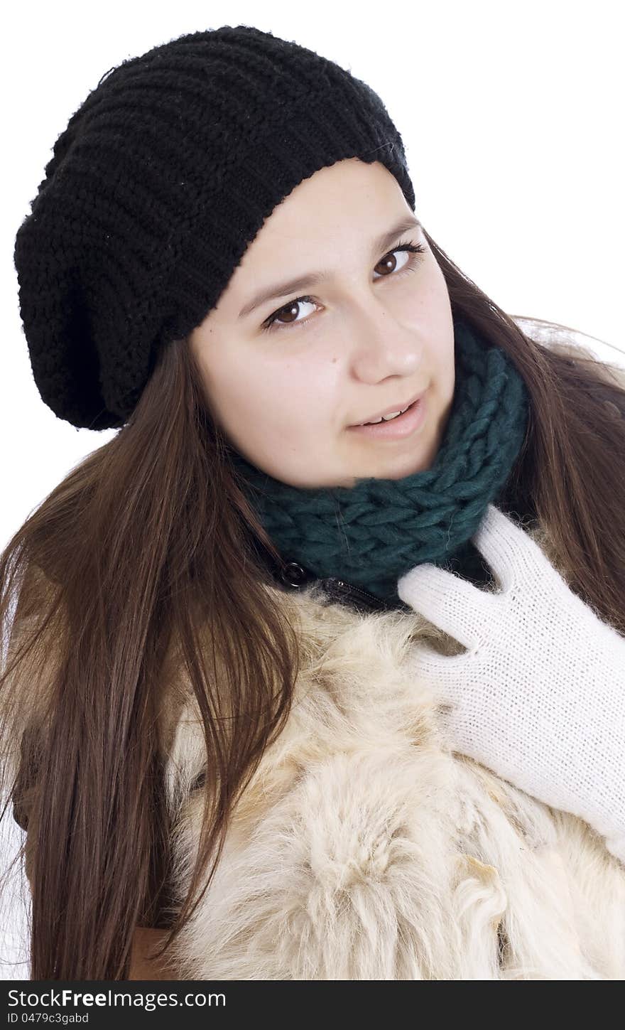 Cheerful woman clothing in warm hat.