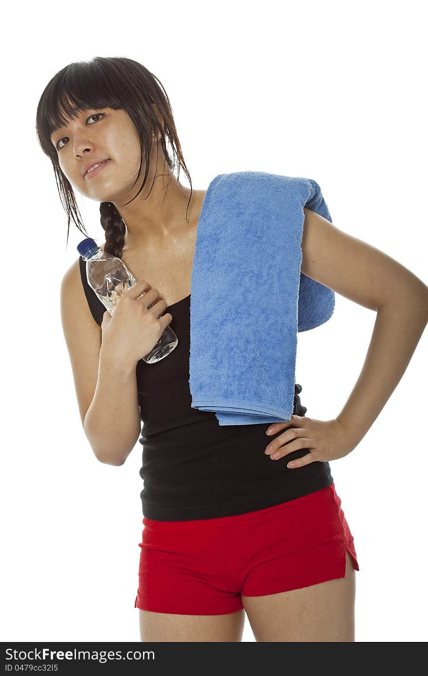 Young Asian woman with a bottle of water and towel on shoulder isolated on white. Young Asian woman with a bottle of water and towel on shoulder isolated on white