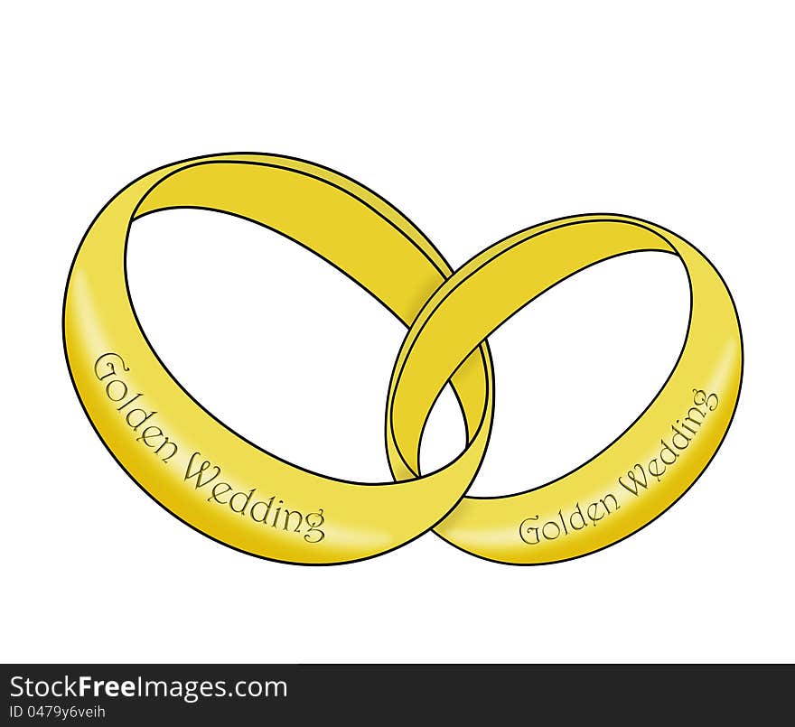 Two gold wedding rings linked together with the words Golden Wedding around them. On a white background. Two gold wedding rings linked together with the words Golden Wedding around them. On a white background.