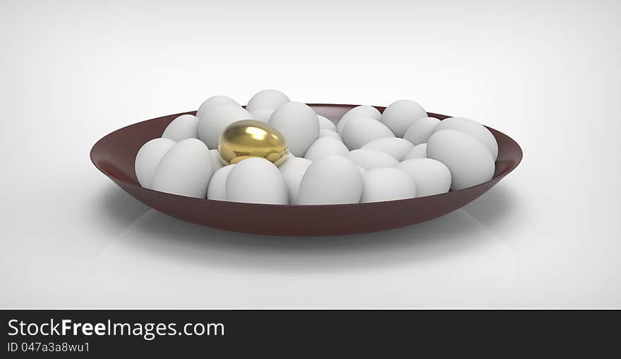 One gold egg and many white on a plate. One gold egg and many white on a plate.