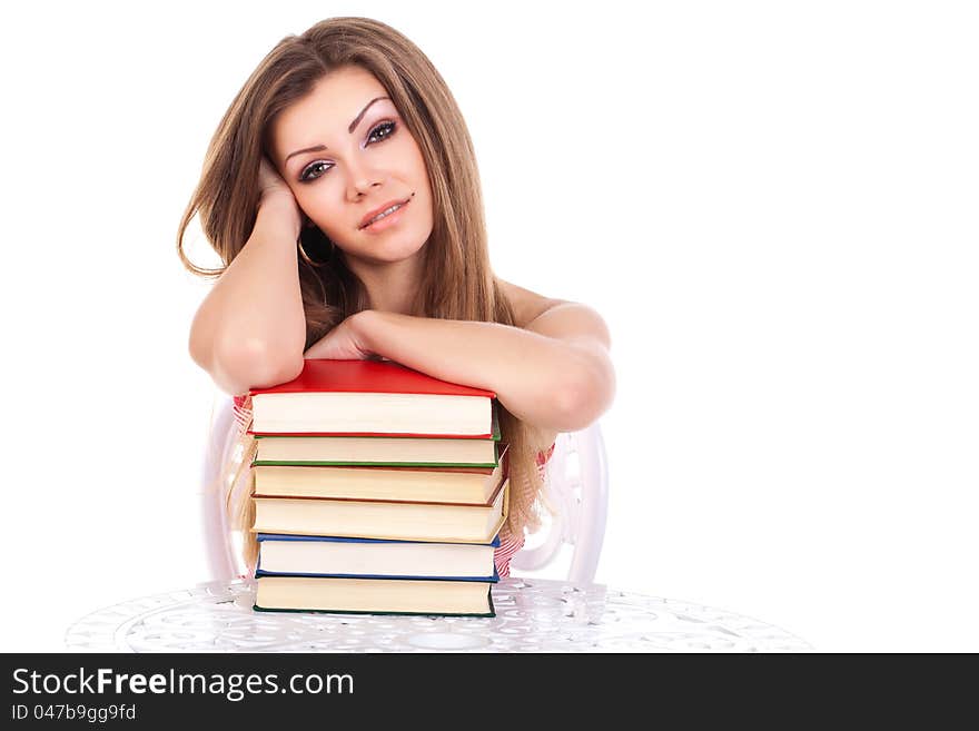 Student with a stack of books, isolated on white. Student with a stack of books, isolated on white