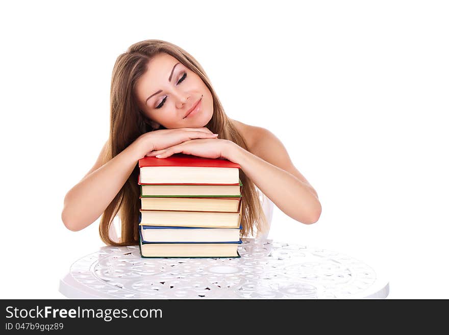 Student with a stack of books, isolated on white. Student with a stack of books, isolated on white