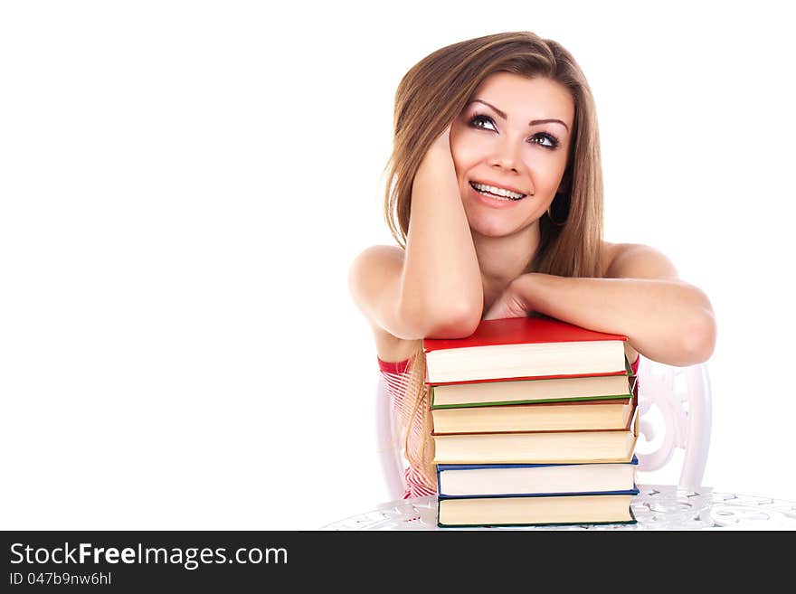 Student with a stack of books, isolated on white. Student with a stack of books, isolated on white