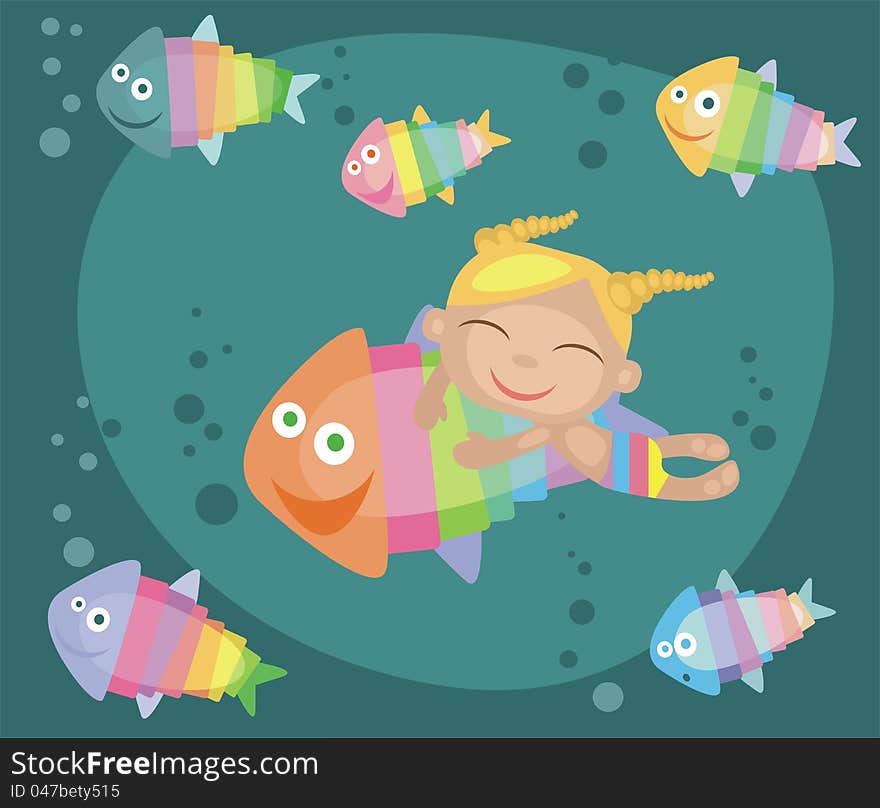 The coloured tropical fishes and girl