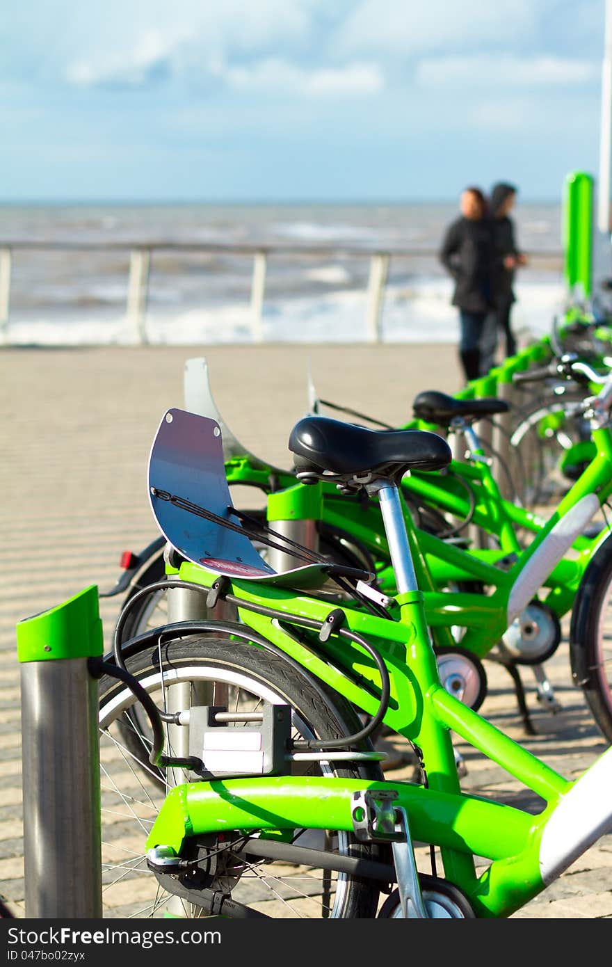 Bicycle rent on the beach of sea