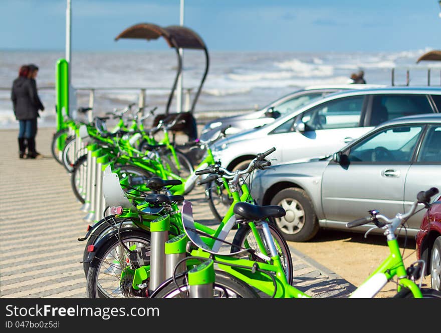 Bicycle rent on the beach of sea