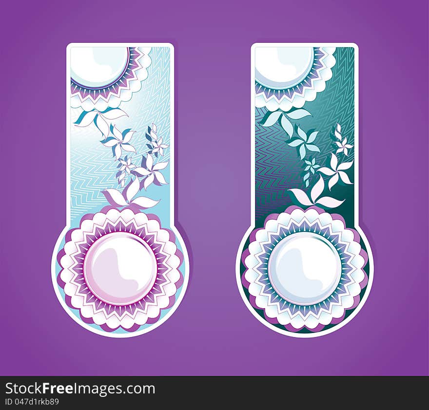 Blue and green Labels with flowers ornament, on a violet background