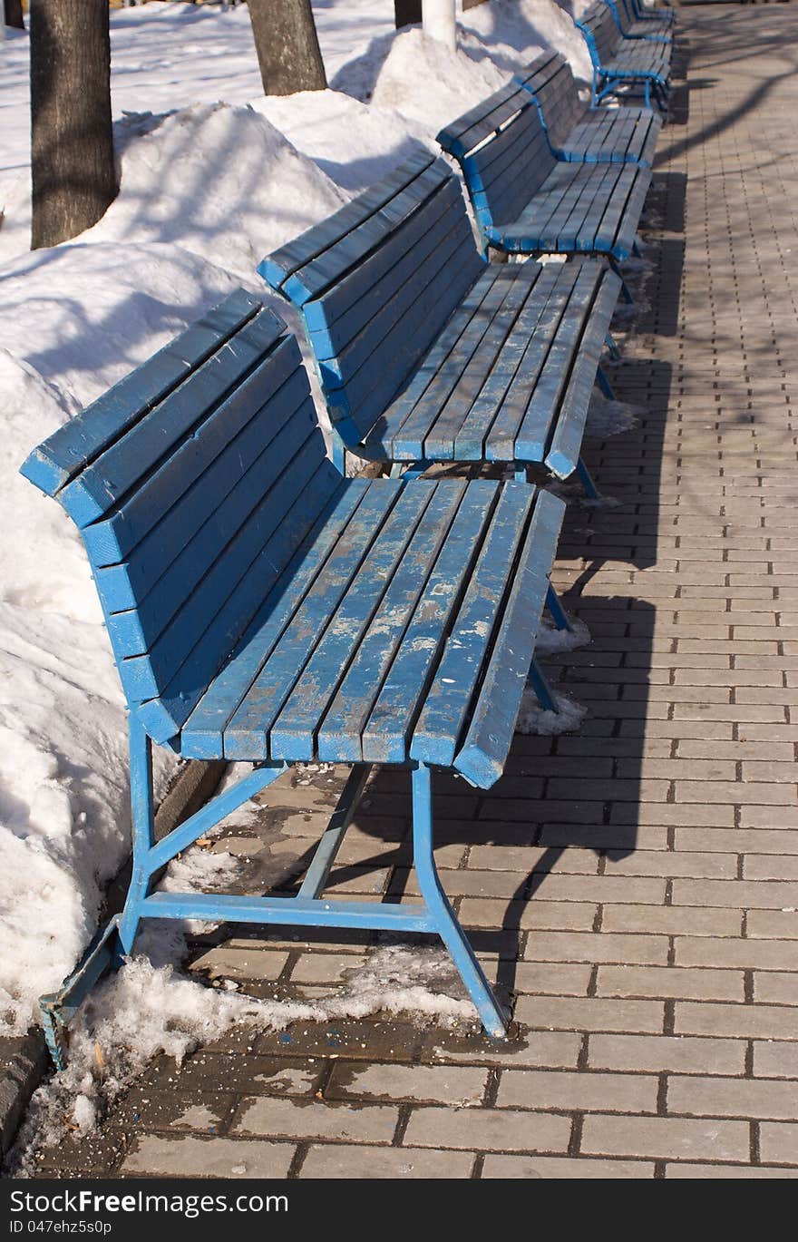 Line of ьфтн blue benches in winter park. Line of ьфтн blue benches in winter park