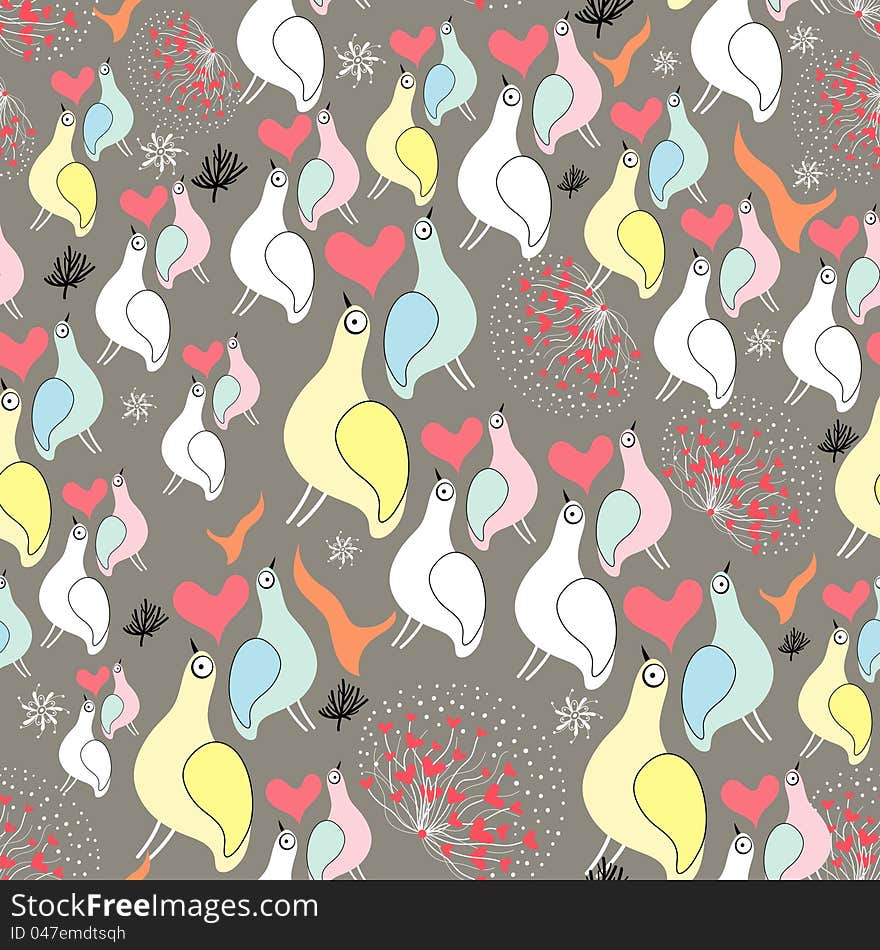 Seamless pattern of the fun birds on a dark brown background with trees and hearts. Seamless pattern of the fun birds on a dark brown background with trees and hearts