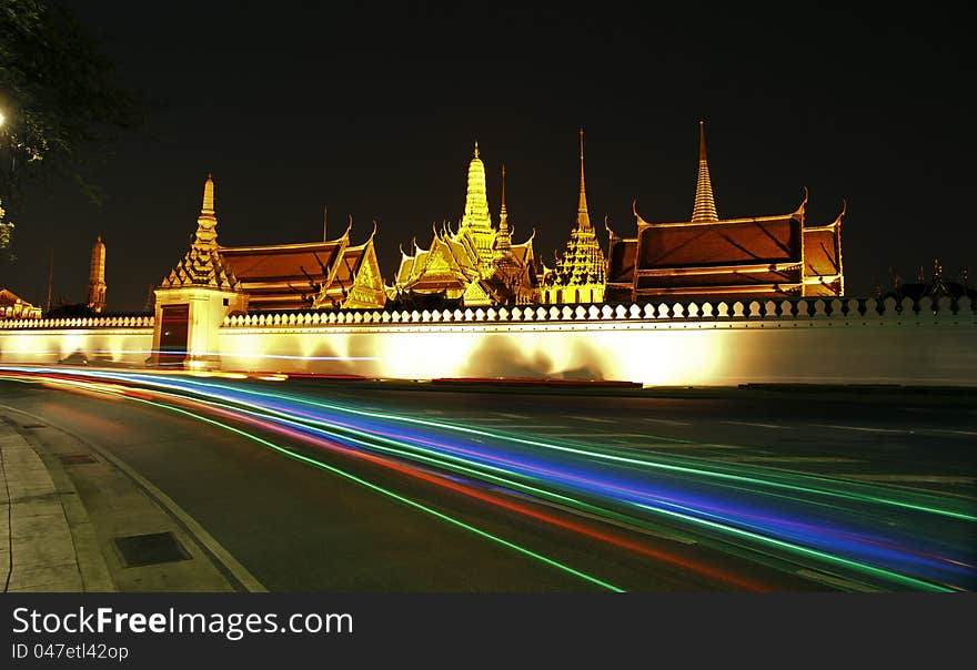 Wat Phra Kaew at night and street, bangkok, Thailand.