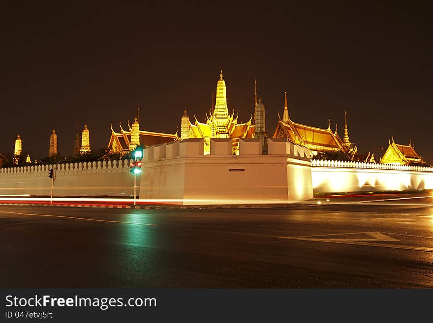 Wat Phra Kaew at night and street, bangkok, Thailand.