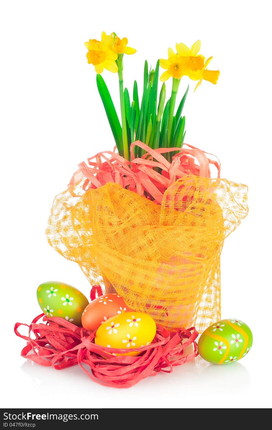 Easter eggs and spring yellow narcissus (daffodil) in flower pot with bright decoration isolated on white background. Easter eggs and spring yellow narcissus (daffodil) in flower pot with bright decoration isolated on white background