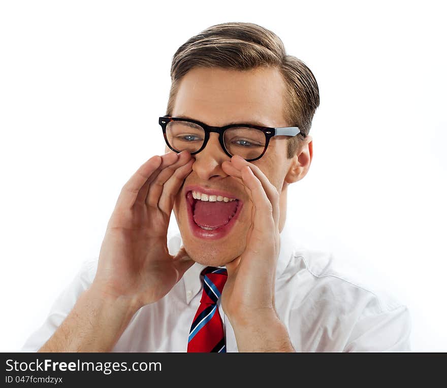 Excited businessman with glasses shouting loudly. Excited businessman with glasses shouting loudly