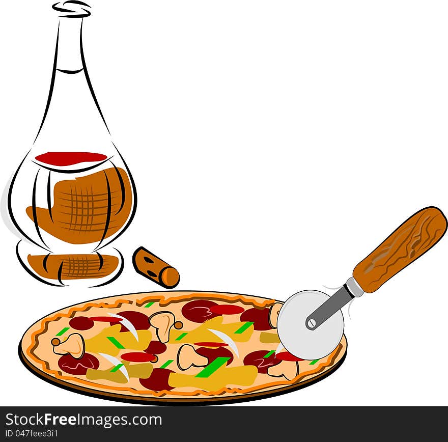 Old wine jug with pizza and cutter over white vector. Old wine jug with pizza and cutter over white vector