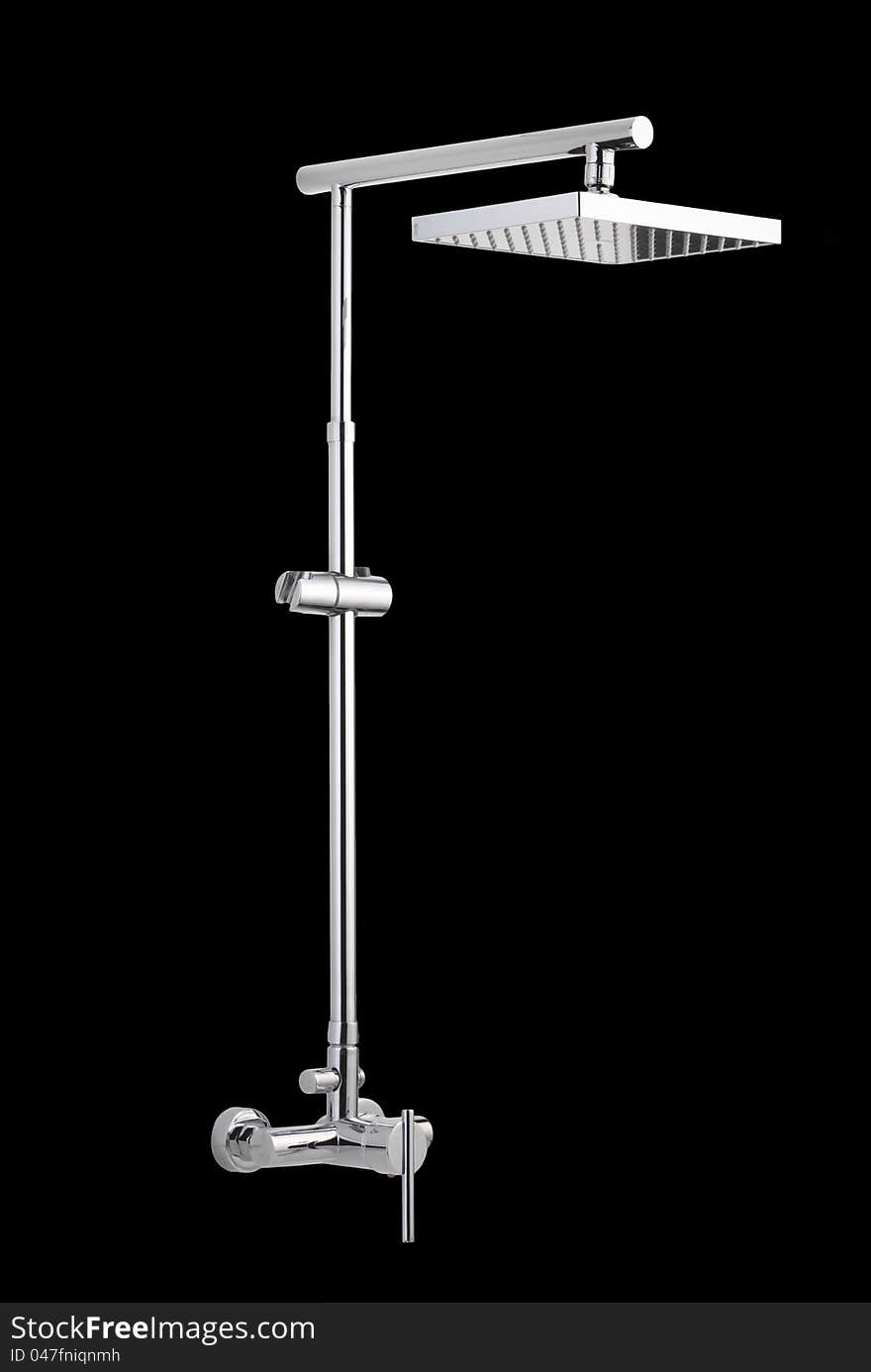 Modern design chrome shower head wall type isolated on black background