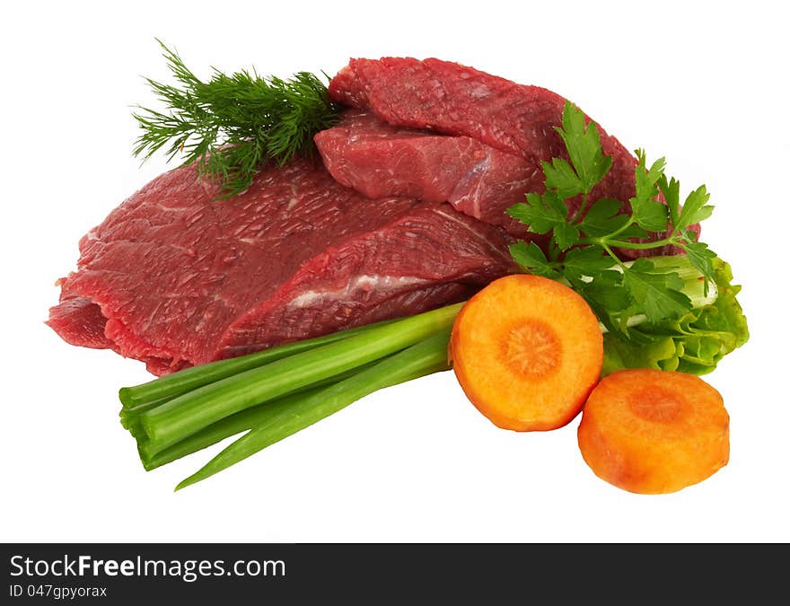 Pieces of fresh raw meat on white background