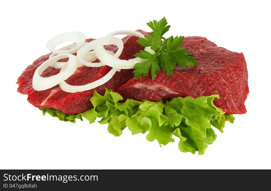 Pieces of fresh raw meat on white background