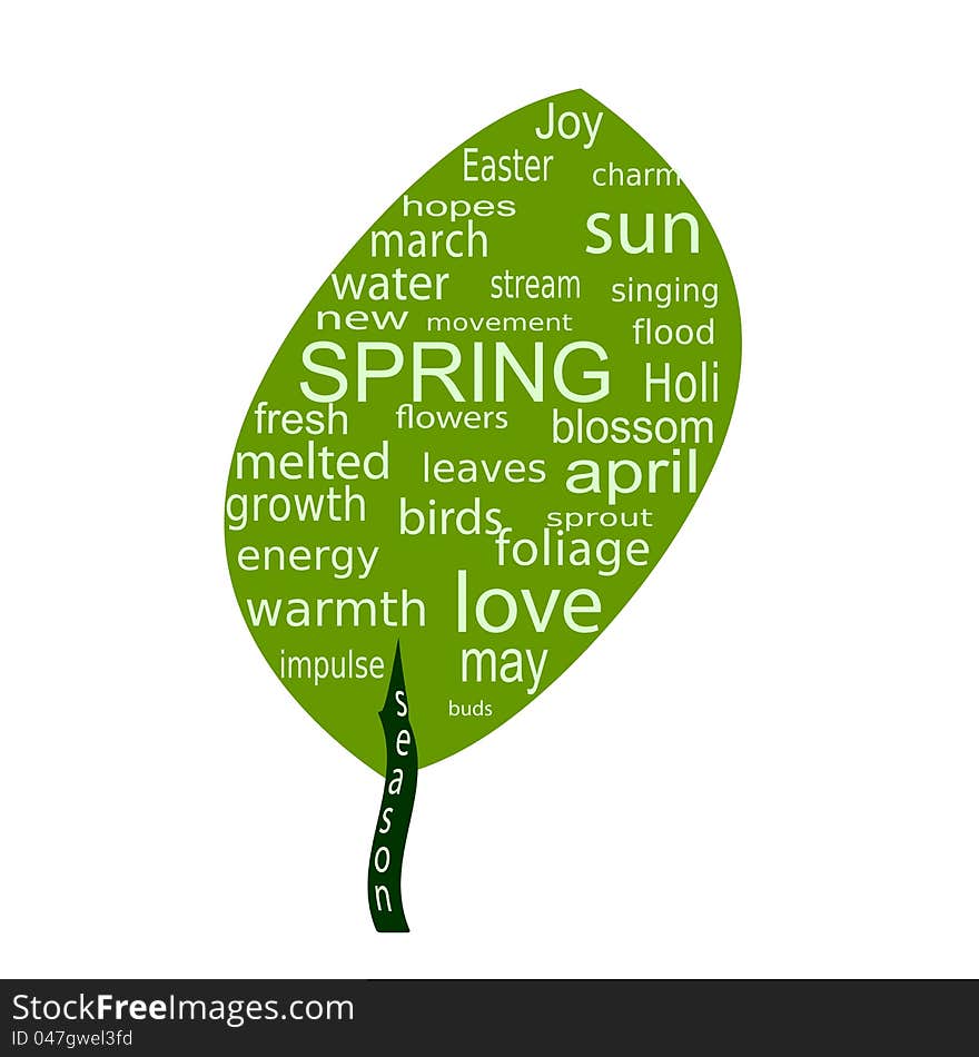 Abstraction - spring word cloud in shape of leaf. Abstraction - spring word cloud in shape of leaf