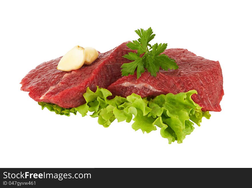 Pieces of fresh raw meat on white background