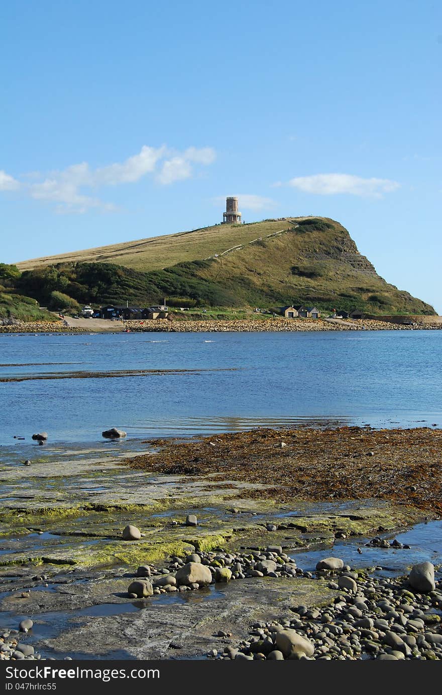 View of Clavell Tower, Jurassic Coast, Dorset from beach