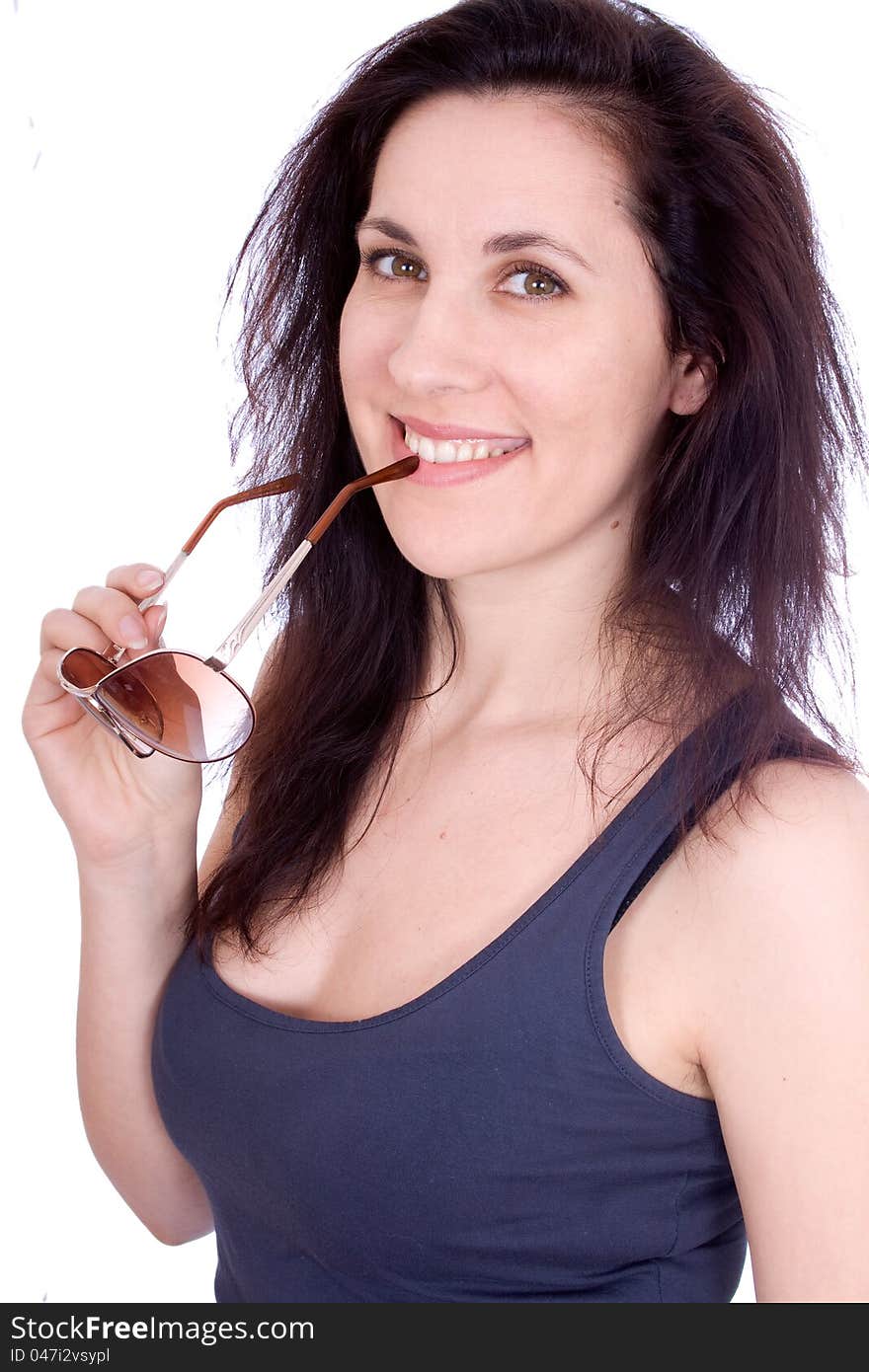 Closeup portrait of a young girl with eye glasses isolated on white background