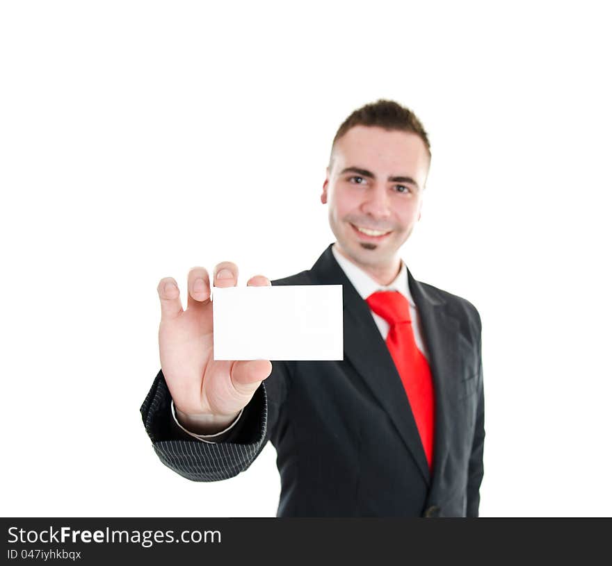 Young businessman showing businesscard with room for your text. Young businessman showing businesscard with room for your text