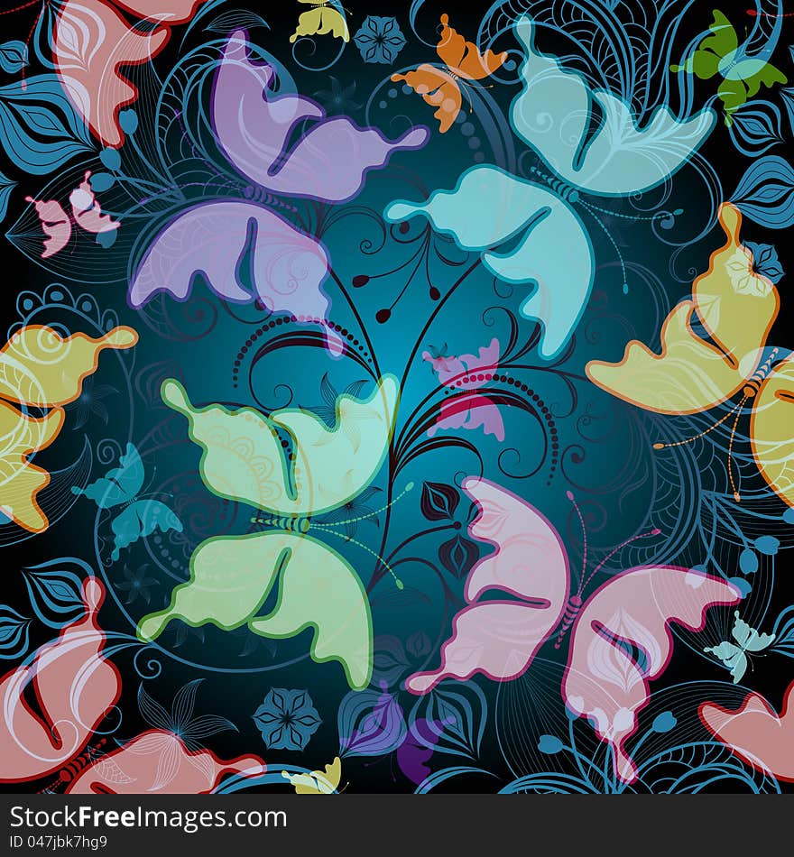 Seamless dark floral pattern with transparent flowers and butterflies (vector EPS 10). Seamless dark floral pattern with transparent flowers and butterflies (vector EPS 10)