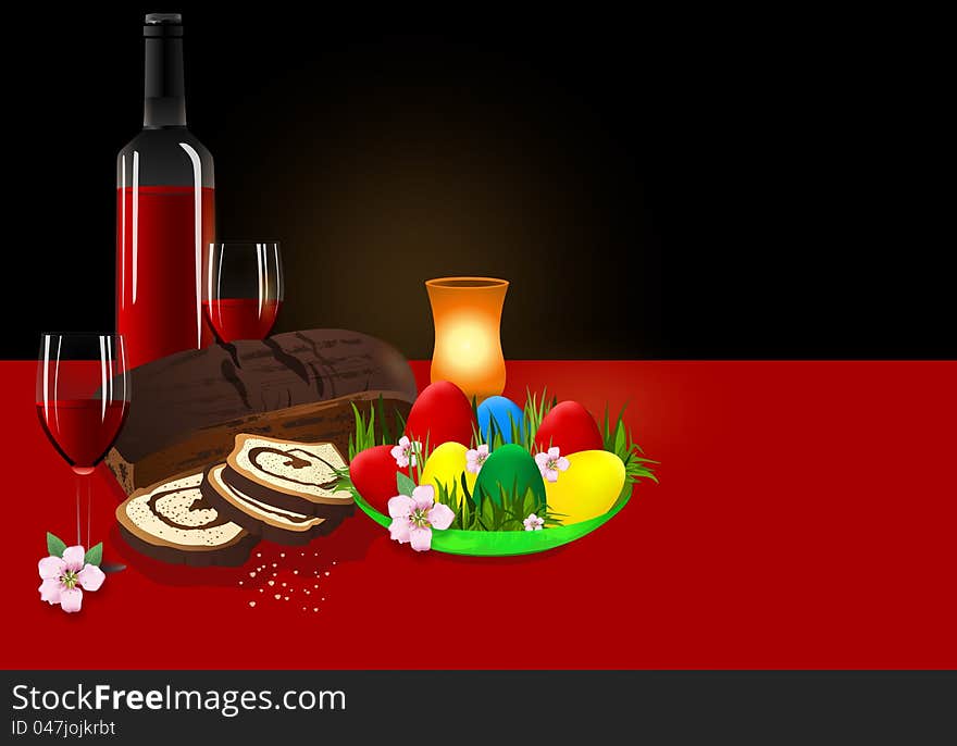 Easter dinner with colored eggs, bottle of wine and glasses, sponge cake and burning candle, vector format. Easter dinner with colored eggs, bottle of wine and glasses, sponge cake and burning candle, vector format