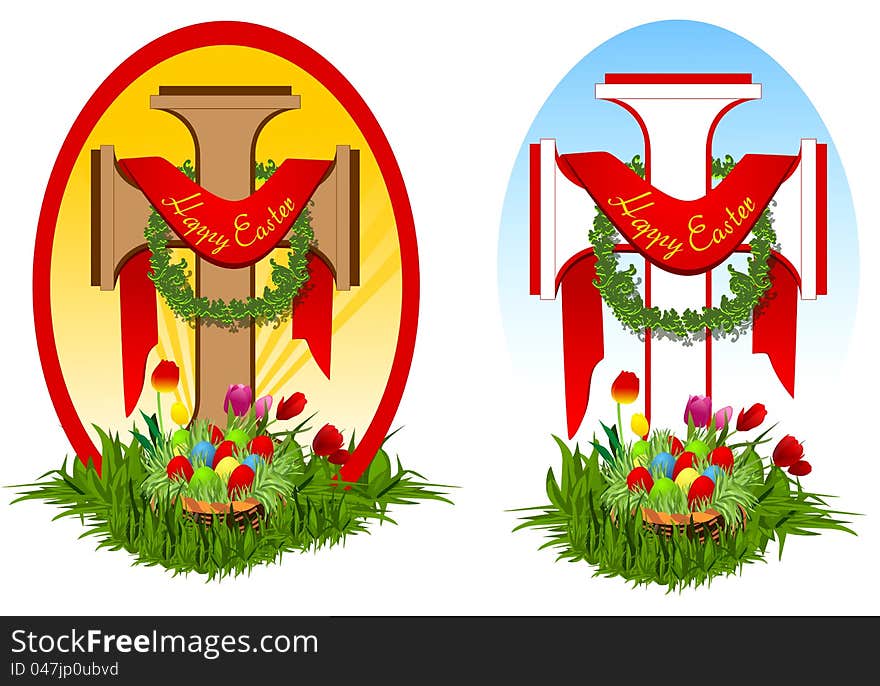 Set of two easter crosses with basket with colored eggs, grass, tulips and greetings