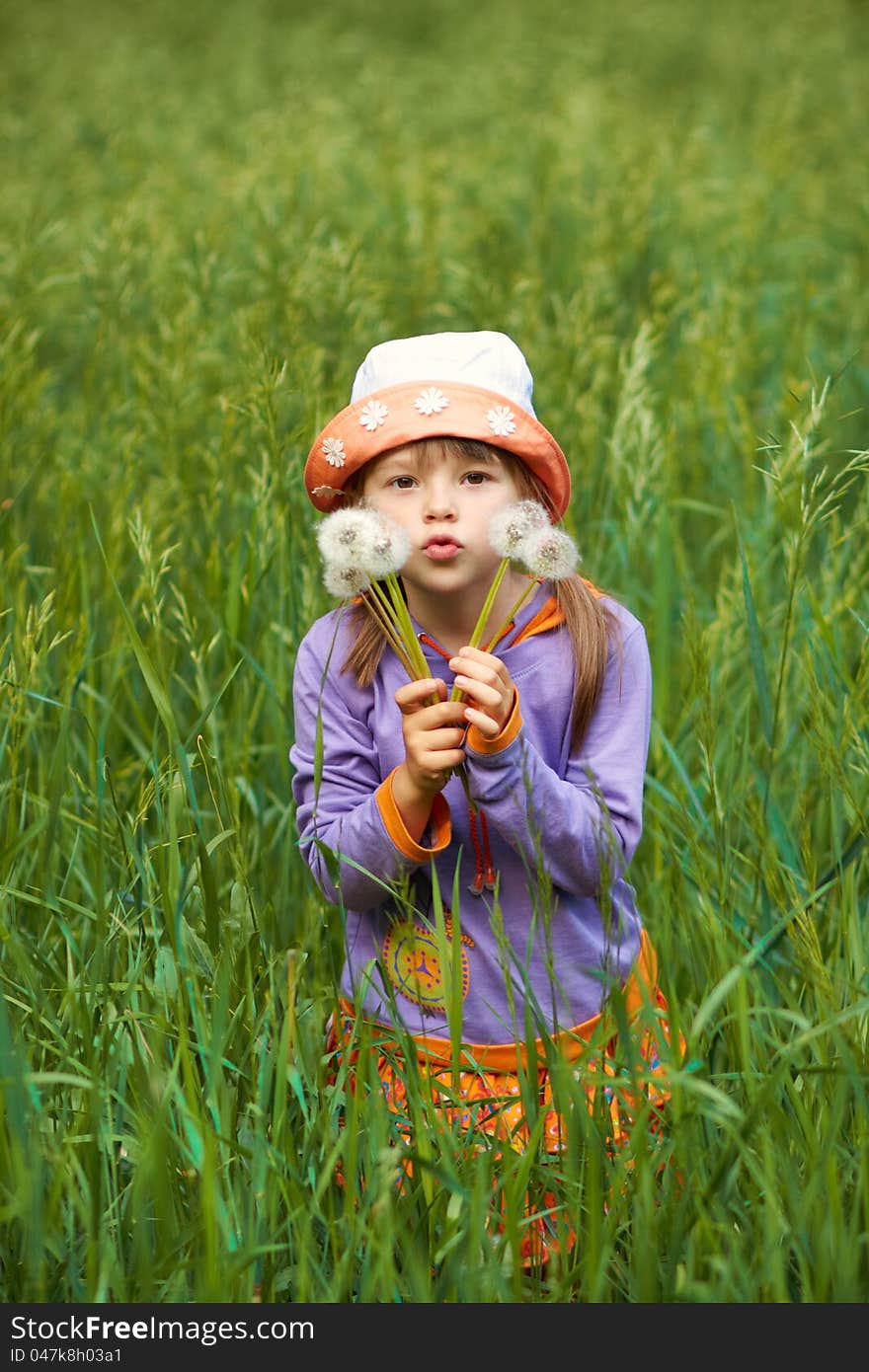 Little girl looking through the dandelions