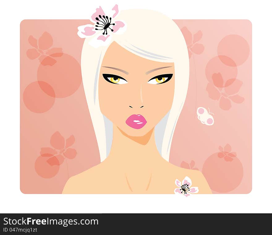 Portrait of a beautiful young girl with blonde hair and cherry blossom flower