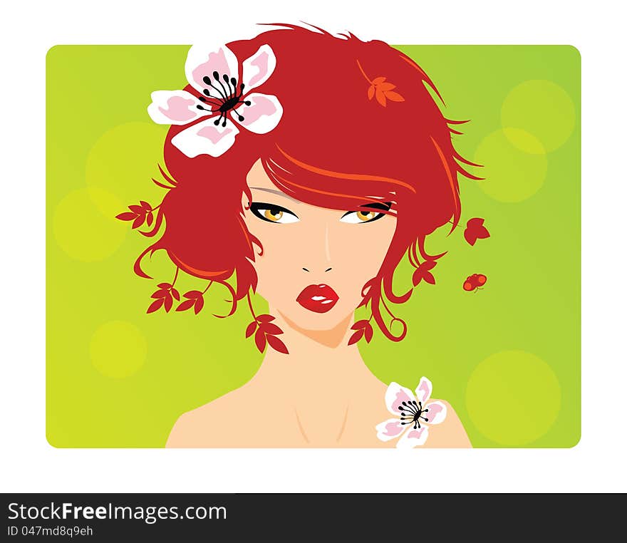 Portrait of a beautiful girl with red hair, ginger, and flower in her hair. Portrait of a beautiful girl with red hair, ginger, and flower in her hair