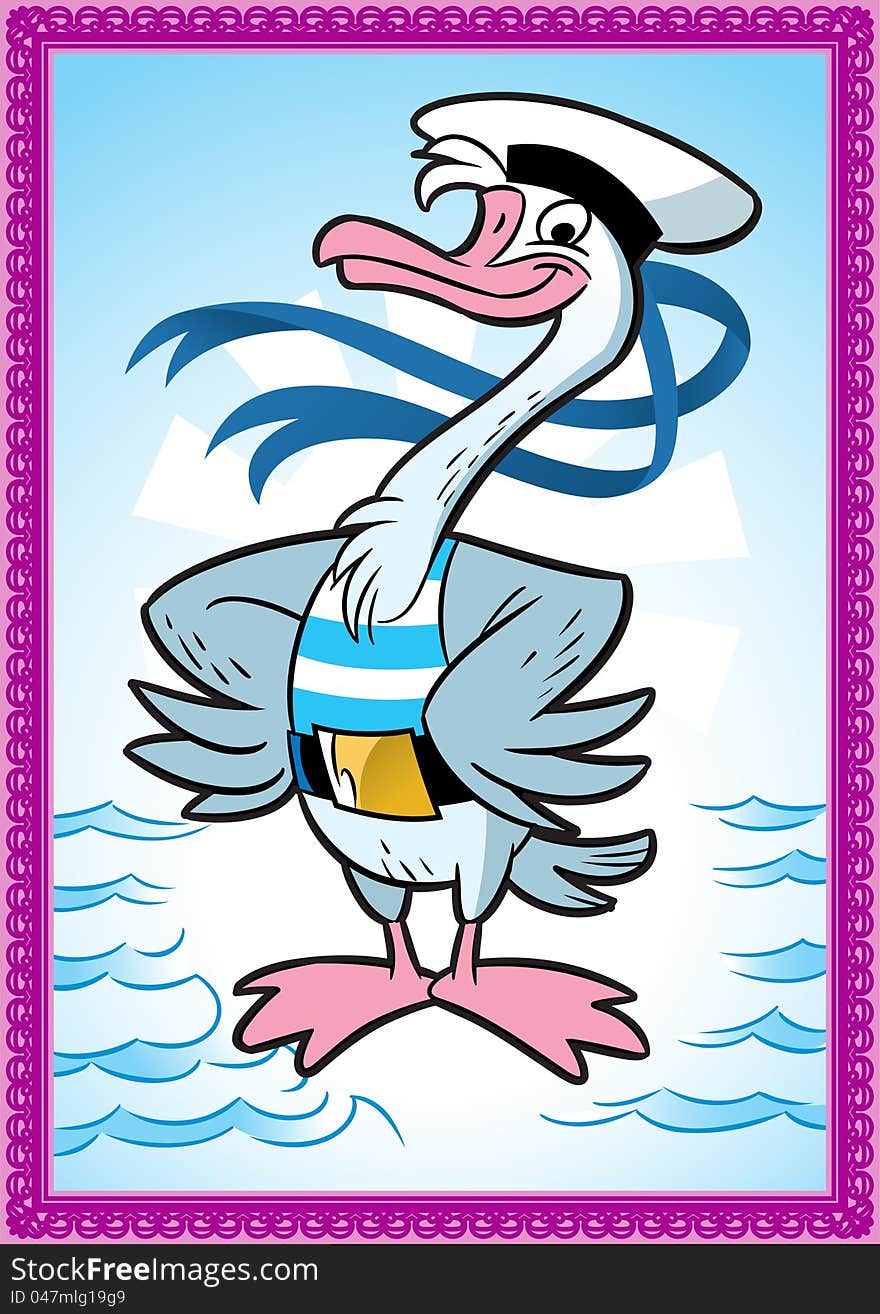 The illustration shows a goose in a naval uniform. Illustration done in cartoon style. The illustration shows a goose in a naval uniform. Illustration done in cartoon style.