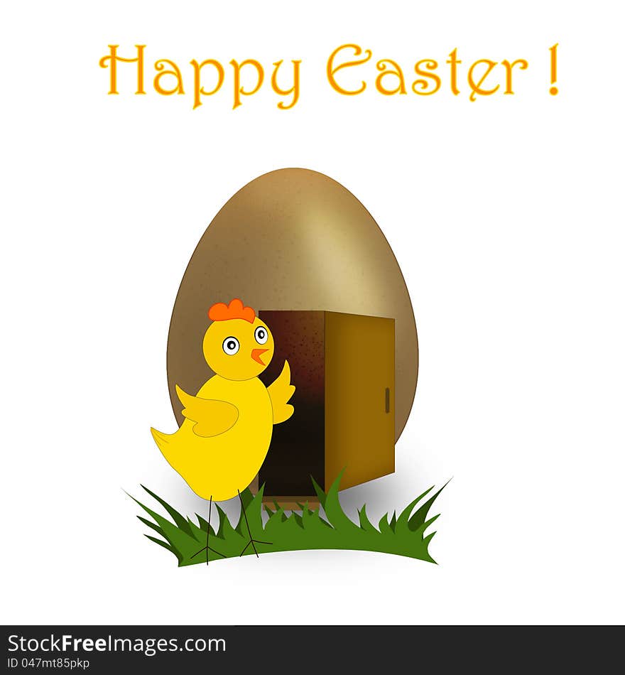 Yellow chicken and gold egg with the open door. Yellow chicken and gold egg with the open door