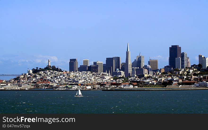 The San Francisco skyline set against a blue sky