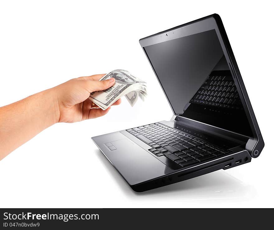 Laptop with Hand give 100 Dollars, Earn Money