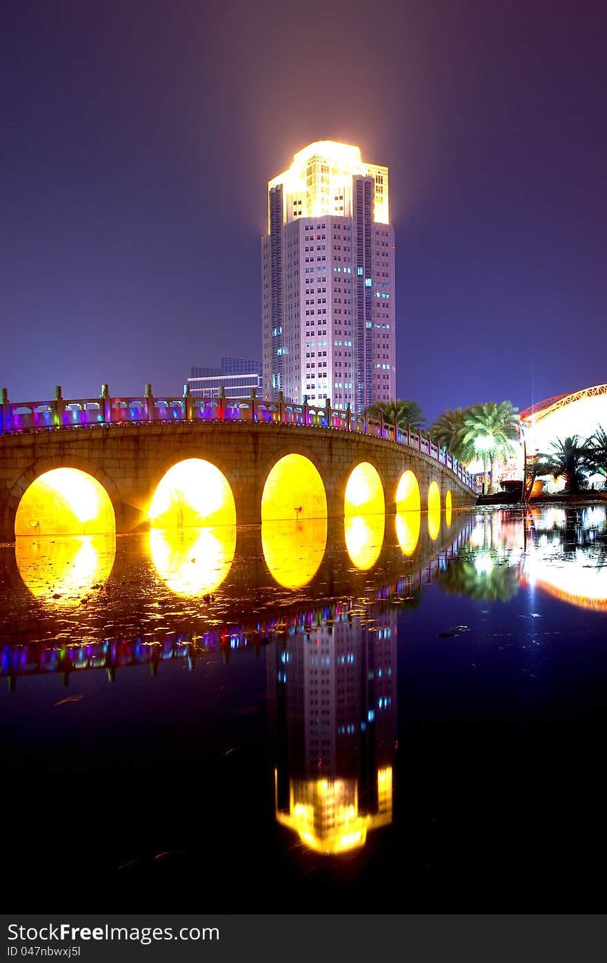 Night city park lakes