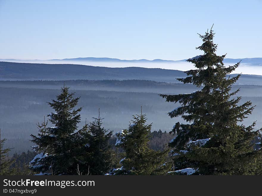 Winter landscape in the Czech Republic, haze in the valley, spruce forests in the Czech Republic, Eagle Mountains surrounding countryside, forest landscape with blue sky